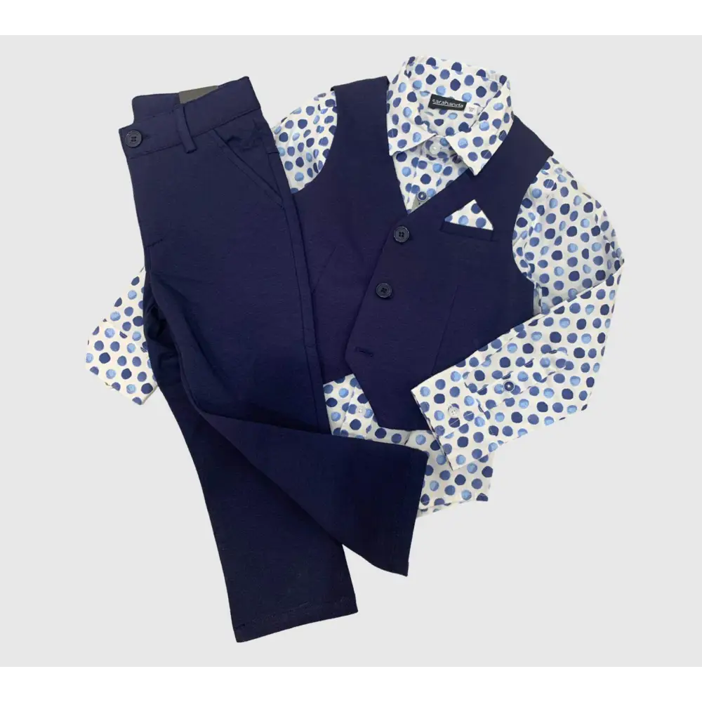 Completo Elegante 3 pezzi Navy Sarabanda con pantaloni, gilet e camicia a pois blu
