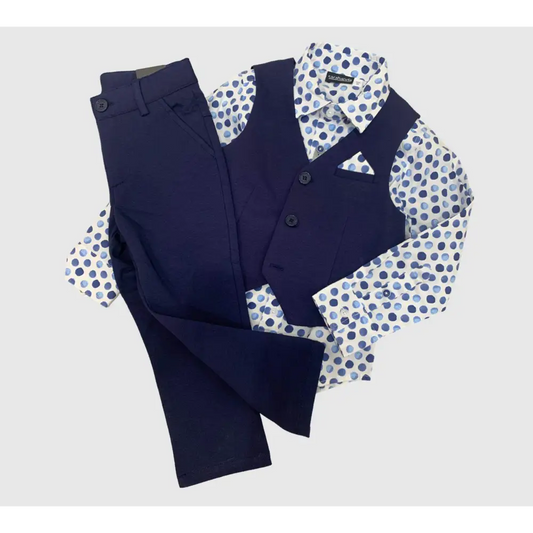 Completo Elegante 3 pezzi Navy Sarabanda con pantaloni, gilet e camicia a pois blu