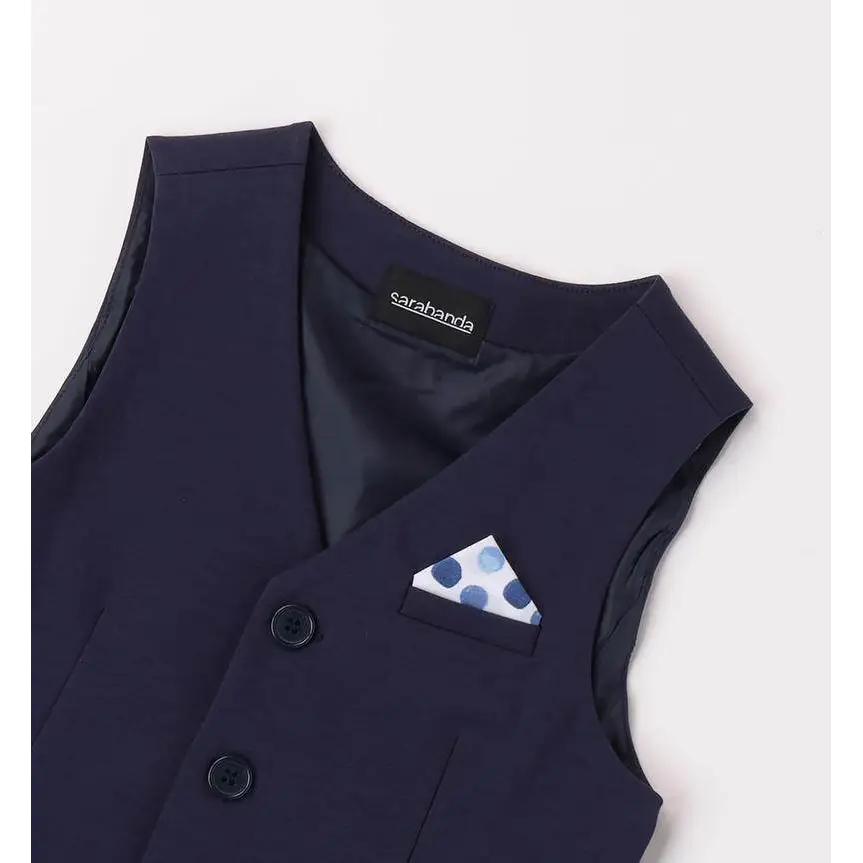 Completo Elegante 3 pezzi Navy Sarabanda con gilet blu scuro e fazzoletto a pois bianco e blu
