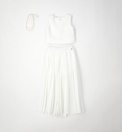 Completo Bambina Bianco con Top in Raso e Pantaloni Plissé Eleganti - Sarabanda