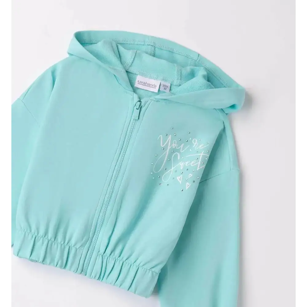 Completo felpa e pantalone bambina Sarabanda in cotone azzurro con cappuccio e zip frontale