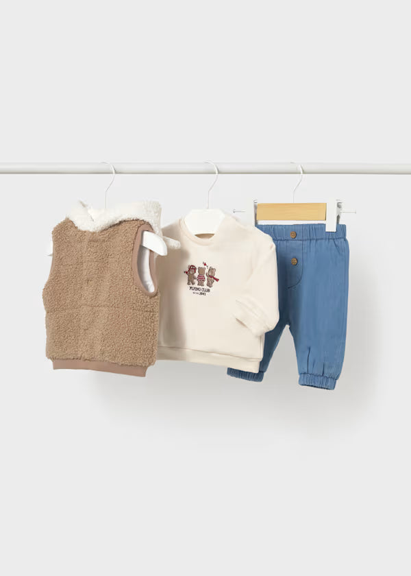 Completo Neonato 3 Pezzi con Gilet Teddy Orsetto e Jeans – Beige e Marrone