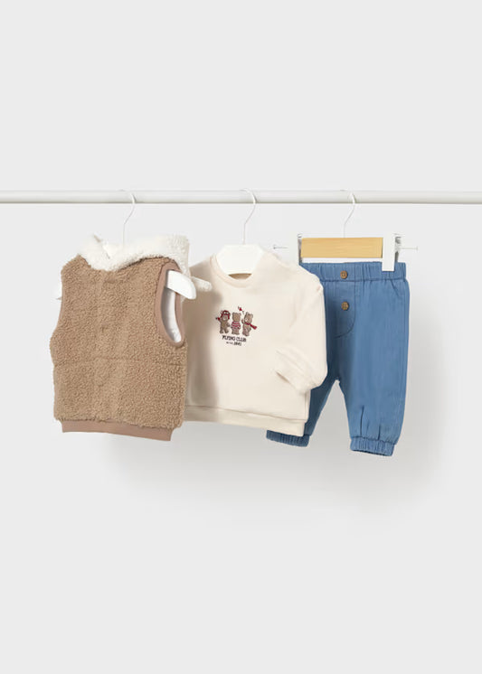 Completo Neonato 3 Pezzi con Gilet Teddy Orsetto e Jeans – Beige e Marrone