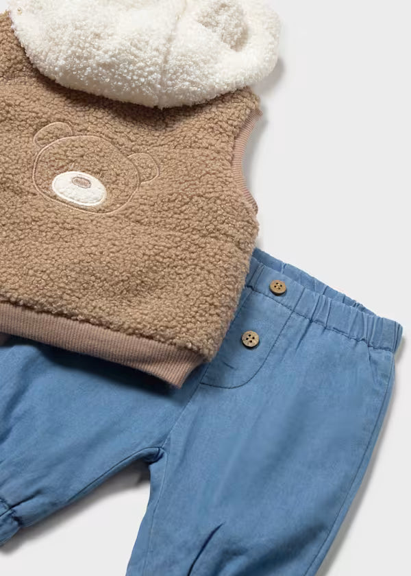 Completo Neonato 3 Pezzi con Gilet Teddy Orsetto e Jeans – Beige e Marrone