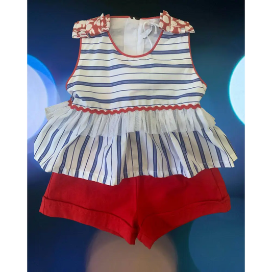 Completo neonata camicia e shorts Y-Clù con maglietta a righe e pantaloncini rossi