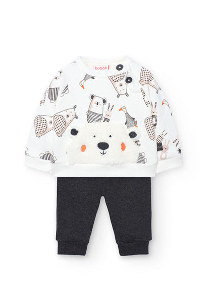 Completo neonato maglia bianca e grigio scuro Boboli con stampa orso e pantaloni grigi