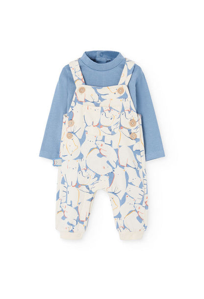 Completo per neonato in maglia con animali blu di Boboli con pantaloni a bretelle e maglia a maniche lunghe