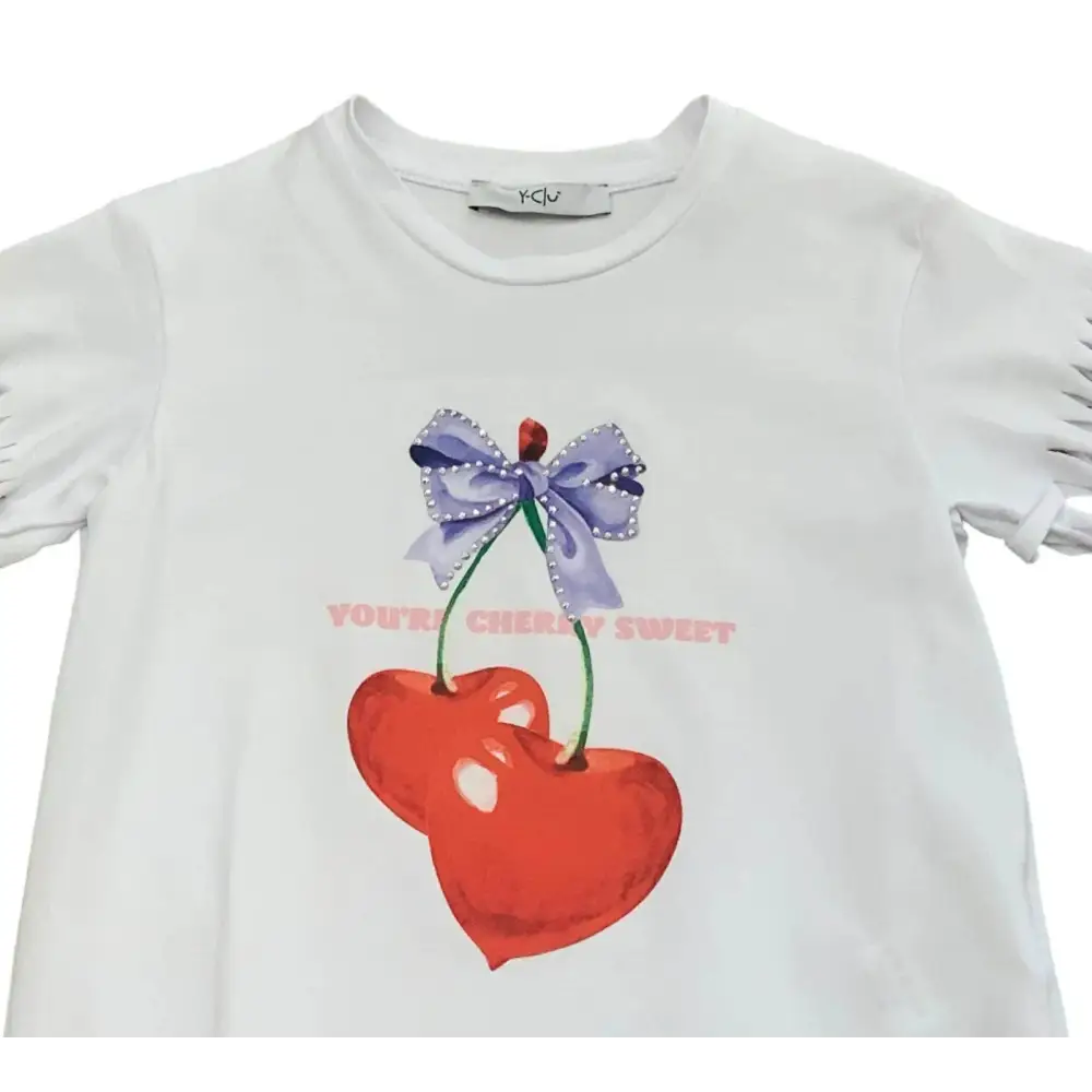 Abito Y-Clù bianco con stampa ciliegie e fiocco viola copri costume bambina elegante e comodo
