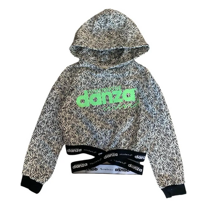 felpa corta ragazza Dimensione Danza con cappuccio stampa zebra bianco nero logo verde fluo e banda elastica