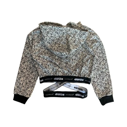 felpa corta ragazza Dimensione Danza con stampa zebra bianca e nera cappuccio maniche lunghe polsini neri e fascia logo