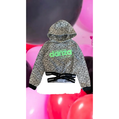 felpa corta ragazza Dimensione Danza con cappuccio stampa nera logo verde e fascia elastica