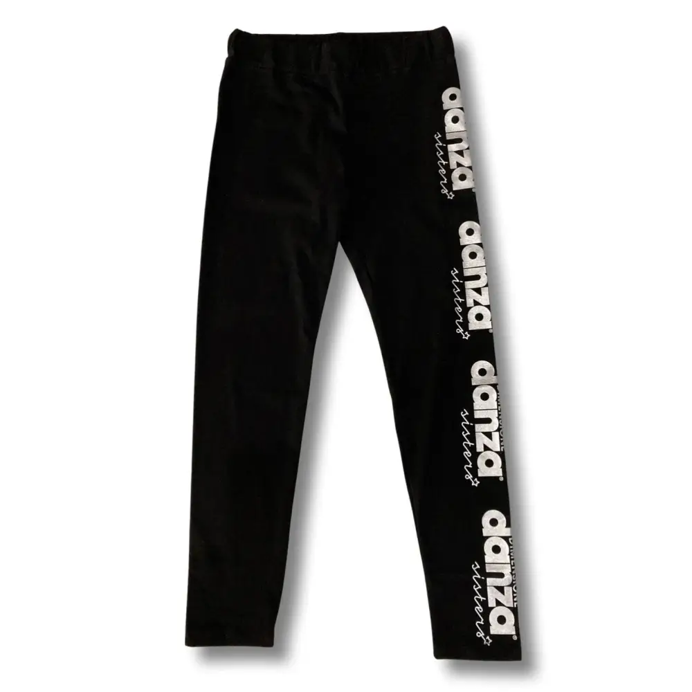 leggings bambina 8-16 anni Dimensione Danza neri con fascia alta e logo danza bianco verticale sul fianco