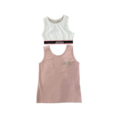 canotta top corto ragazza Dimensione Danza set due pezzi crop bianco con fascia nera e rosa e canottiera rosa cipria