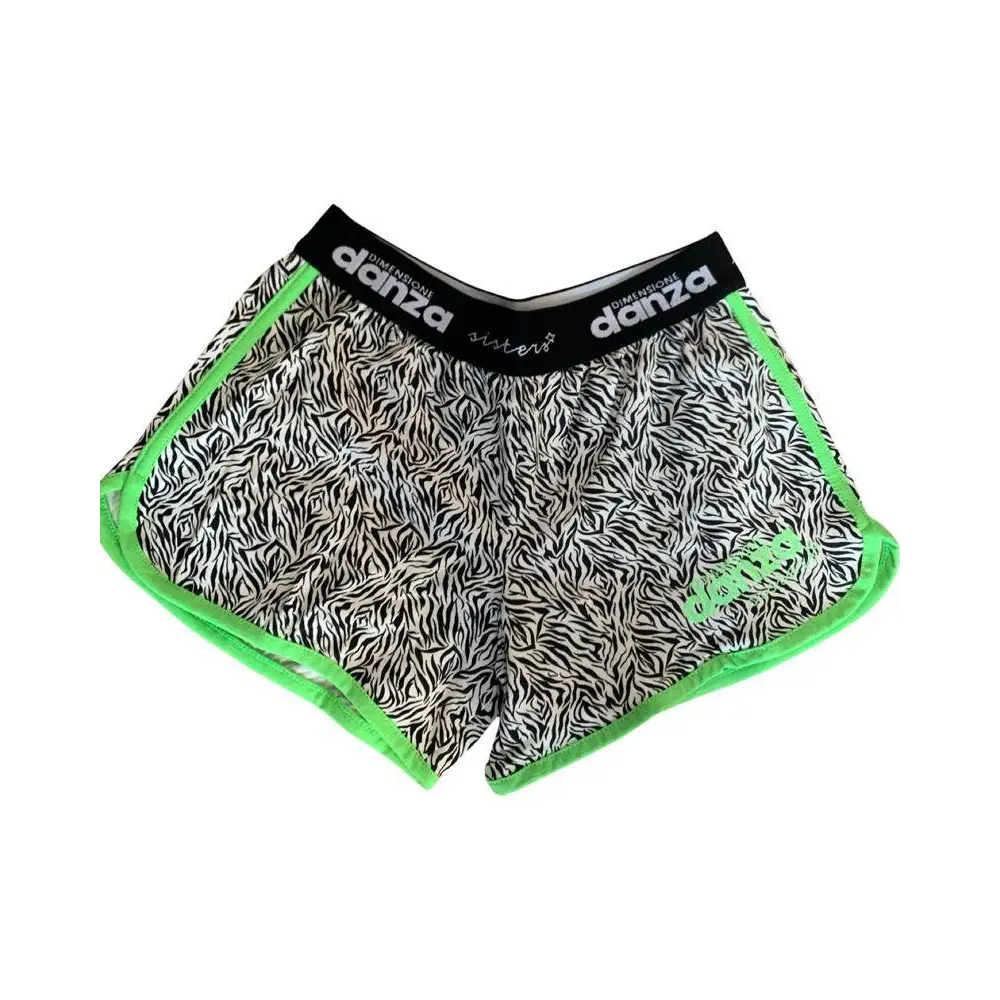 completo corto ragazza Dimensione Danza short zebra bianco e nero con bordi verdi fluo e vita elastica con logo