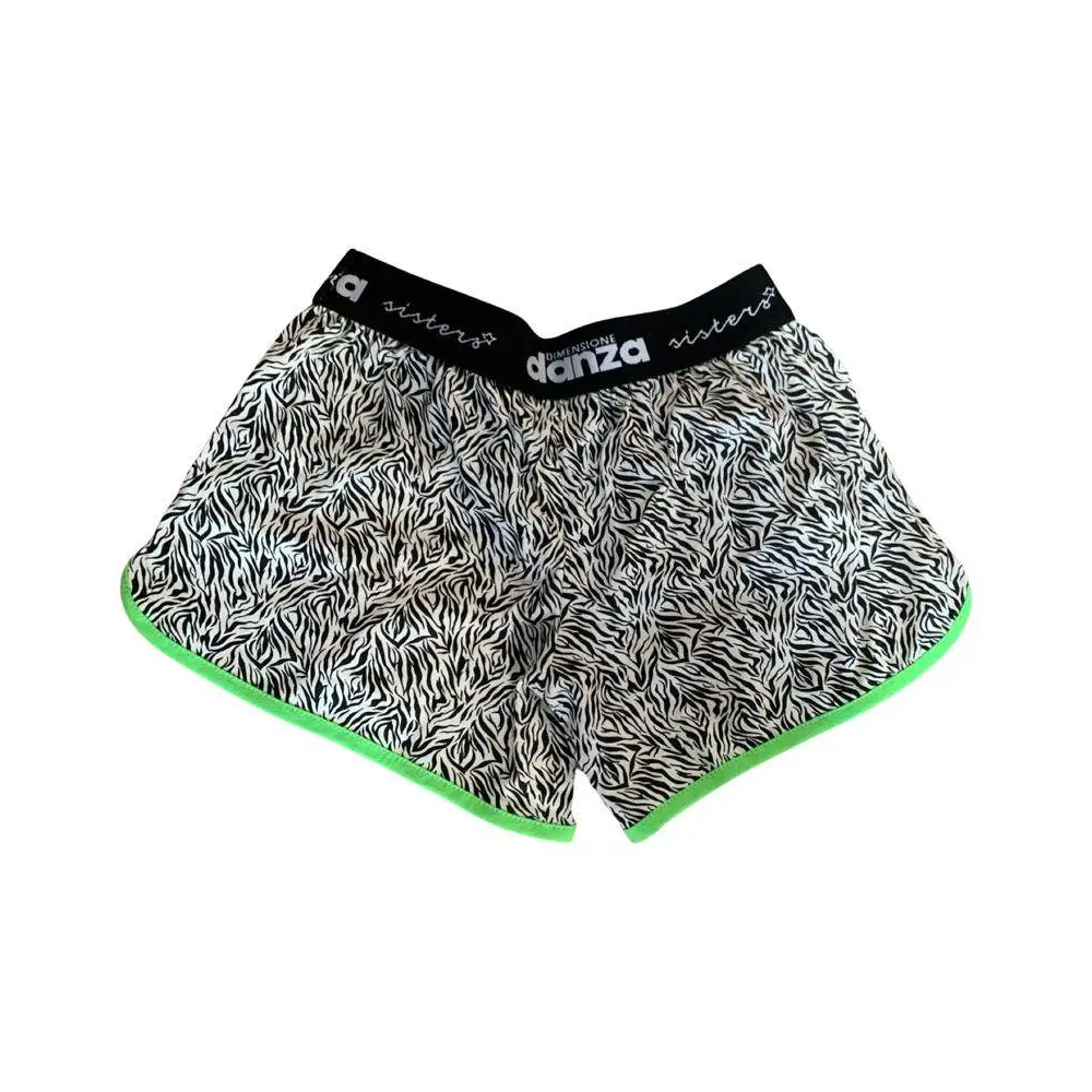 completo corto ragazza Dimensione Danza short zebra bianco e nero con vita elastica nera e bordo verde fluo per danza