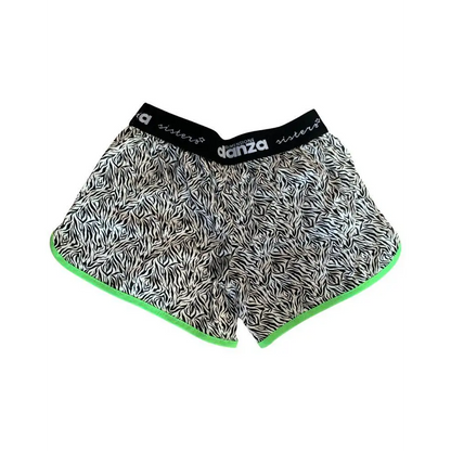 completo corto ragazza Dimensione Danza short zebra bianco e nero con vita elastica nera e bordo verde fluo per danza