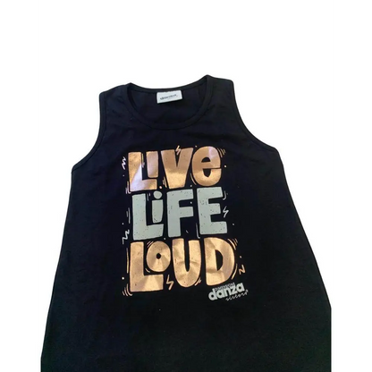 Canotta nera con stampa metallizzata Live Life Loud e logo Dimensione Danza completo ragazza Dimensione Danza 8-16 anni