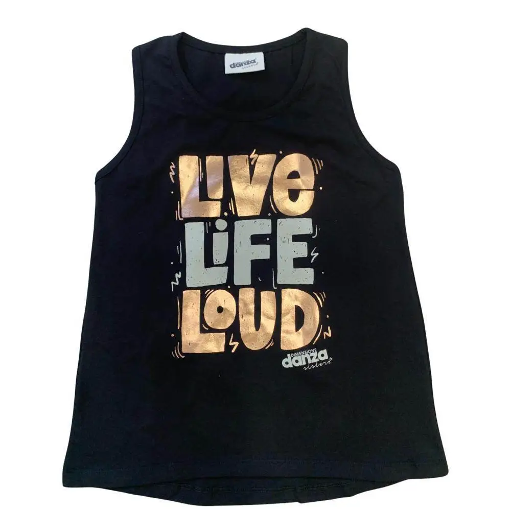 Top canotta nera con stampa Live Life Loud oro e argento logo Dimensione Danza completo ragazza Dimensione Danza 8-16 anni