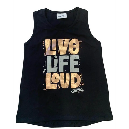 Top canotta nera con stampa Live Life Loud oro e argento logo Dimensione Danza completo ragazza Dimensione Danza 8-16 anni