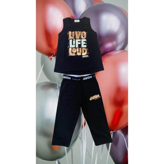 Completo nero sportivo con canottiera stampa Live Life Loud e pantaloni con logo Danza completo ragazza Dimensione Danza 8-16 anni