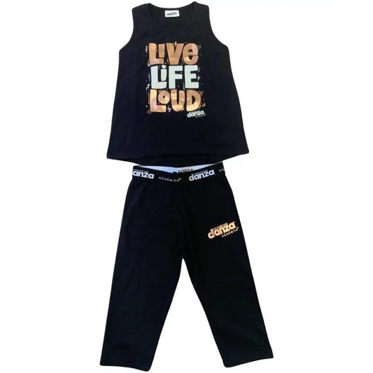 completo ragazza Dimensione Danza 8-16 anni tuta nera due pezzi canotta con stampa Live Life Loud e pantaloni con elastico e logo