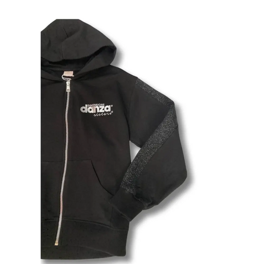 felpa nera bambina 8 anni Dimensione Danza con cappuccio zip logo frontale tasca a marsupio e banda glitter