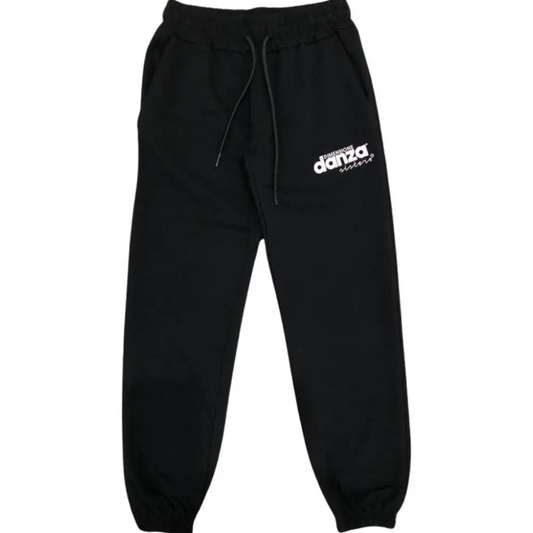 pantaloni Dimensione Danza ragazza neri in felpa con vita elasticizzata coulisse polsini elasticizzati logo bianco sul fianco