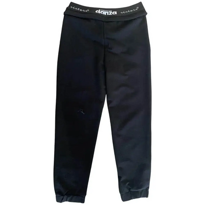 pantaloni ragazza Dimensione Danza neri con vita elastica con logo, gamba affusolata e polsini alla caviglia