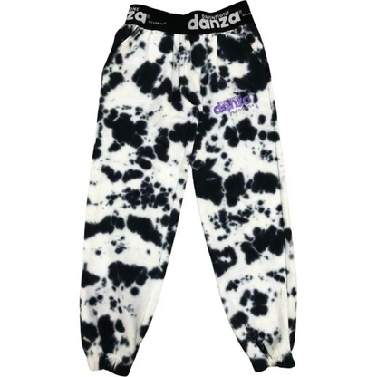 Pantalone jogger tie dye bianco e nero con fascia elastica e polsini con logo lilla, pantaloni tie-dye ragazza Dimensione Danza