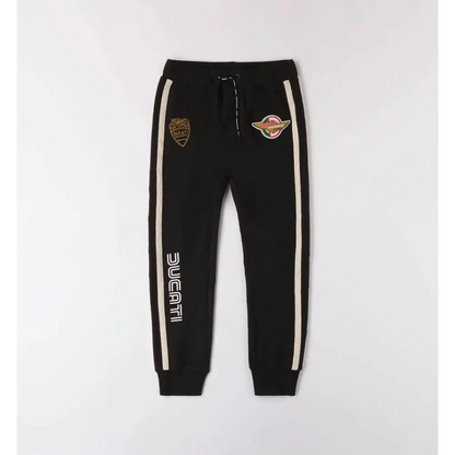pantaloni Ducati ragazzo 8-16 anni nero in felpa con bande laterali bianche patch logo e coulisse in vita