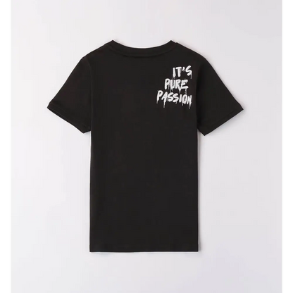 t-shirt Ducati bambino nera maniche corte girocollo con stampa bianca ITS PURE PASSION sulla parte alta