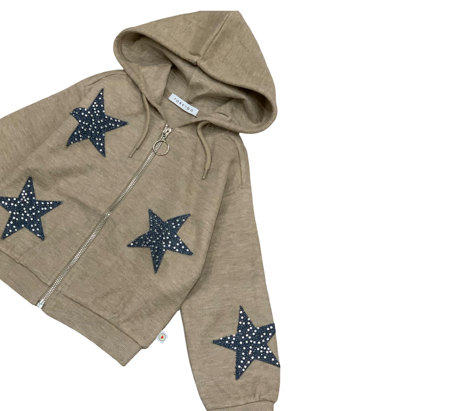 Felpa bambina stelle jeans con cappuccio e chiusura a zip in colore beige