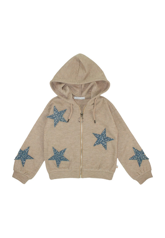 Felpa bambina stelle jeans con cappuccio e stelle applicate su maniche in colori tenui