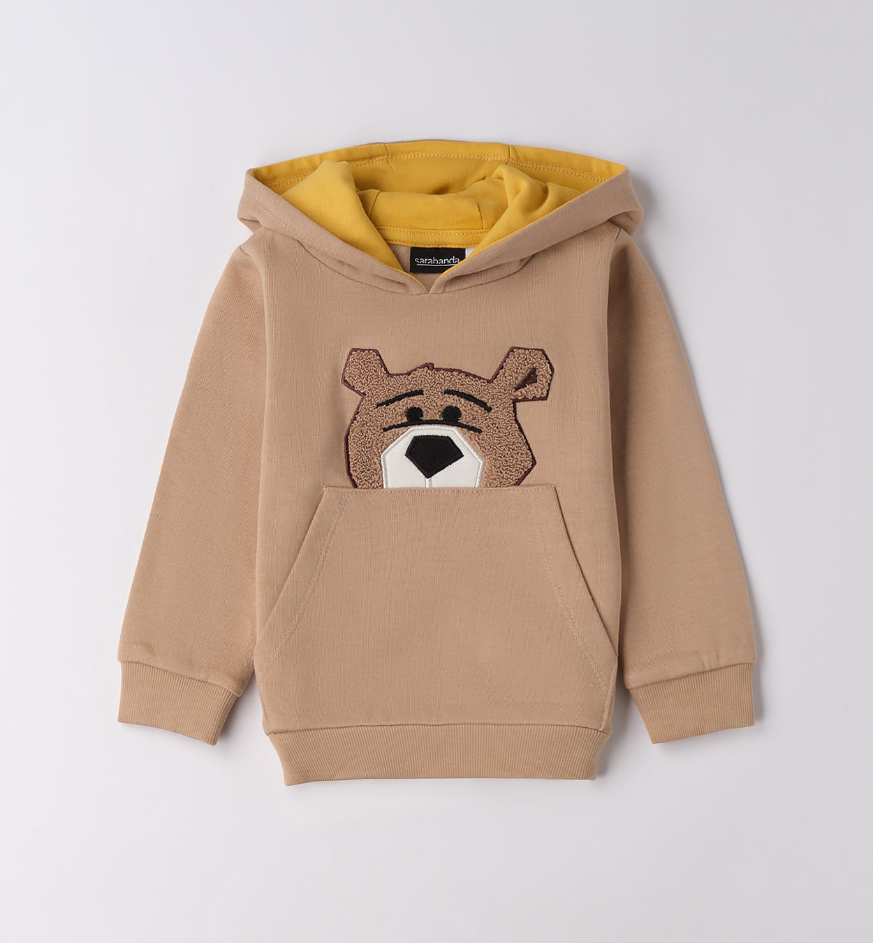 Felpa bambino con orso di Sarabanda con cappuccio e tasca frontale, color beige