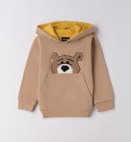 Felpa bambino con orso di Sarabanda in color beige con cappuccio e tasca frontale