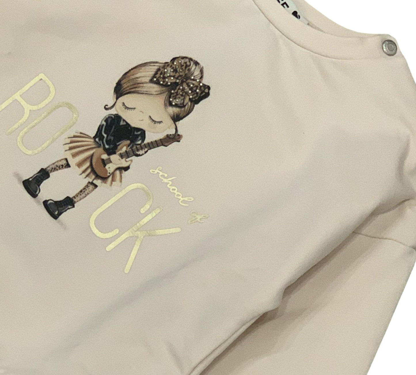 Felpa beige bambina school of rock con design di una ragazza che suona la chitarra