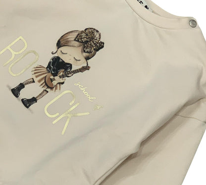 Felpa beige bambina school of rock con design di una ragazza che suona la chitarra