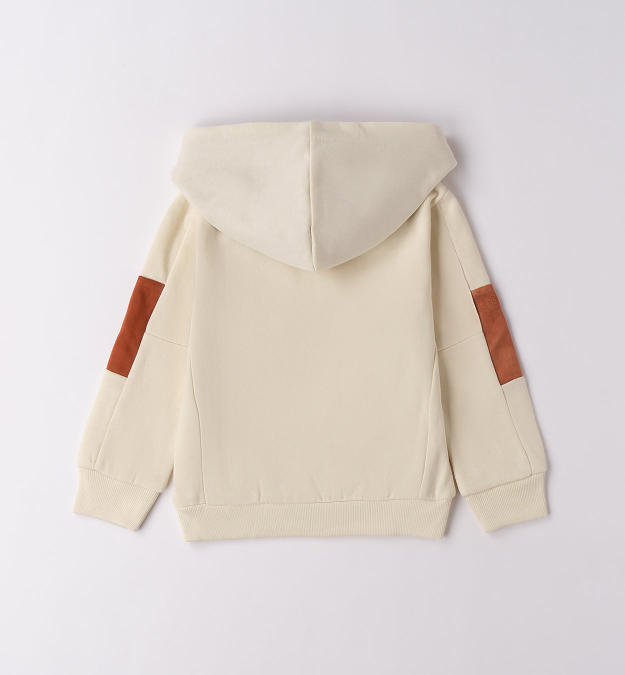 Felpa beige bambino con cappuccio Sarabanda con dettagli in pelle marrone sulle maniche