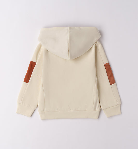 Felpa beige bambino con cappuccio Sarabanda con dettagli in pelle marrone sulle maniche