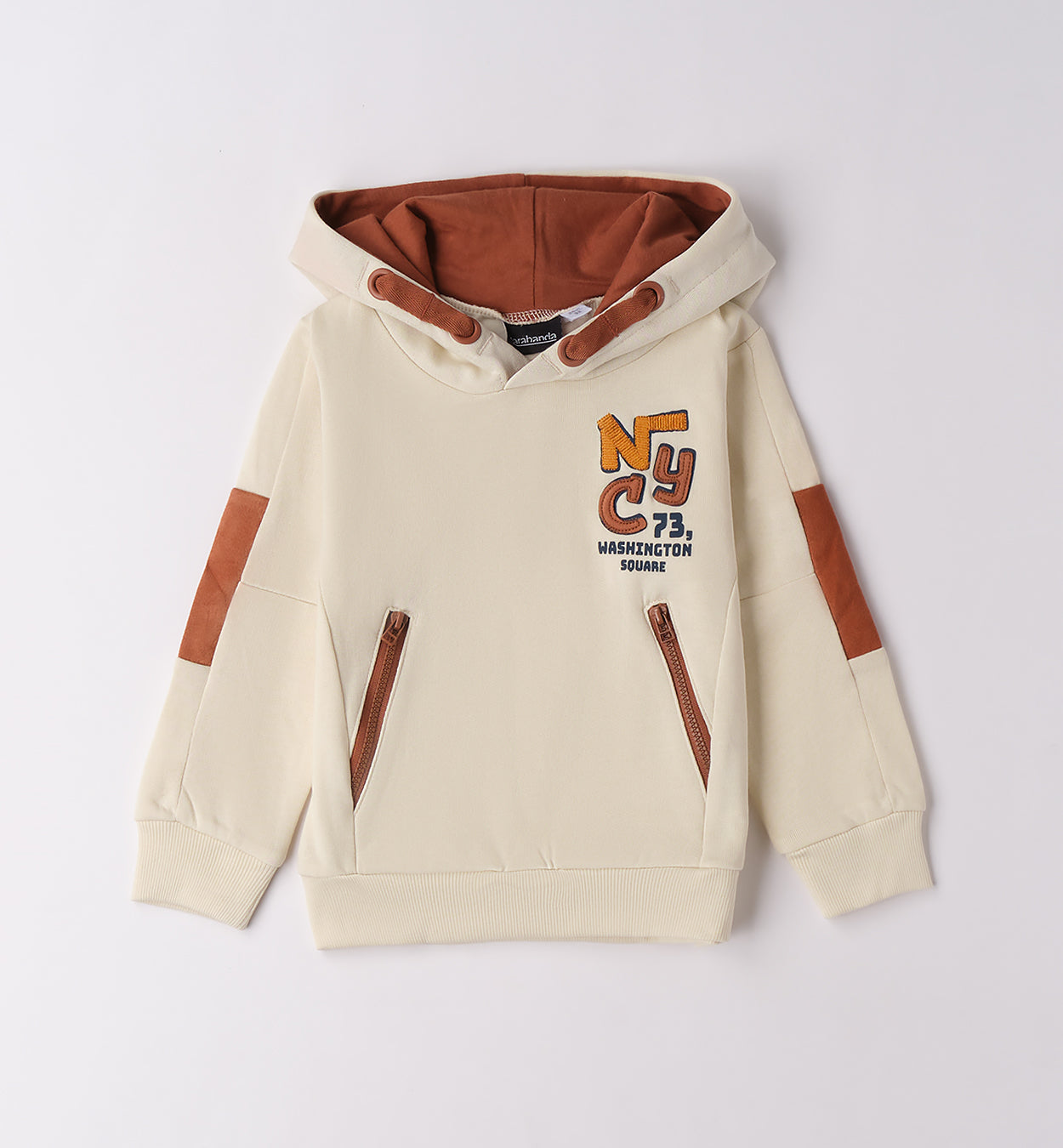 Felpa beige bambino con cappuccio Sarabanda con dettagli in pelle e grafica colorata