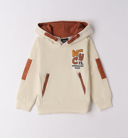 Felpa beige bambino con cappuccio Sarabanda con dettagli in pelle e grafica colorata