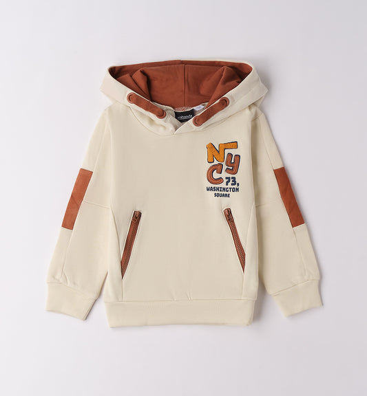 Felpa beige bambino con cappuccio Sarabanda con dettagli in pelle e grafica colorata