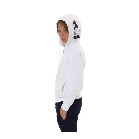 FELPA BIANCA CON CAPPUCCIO BIKKEMBERGS BAMBINO indossata da bambino di profilo con tasche e stampa sul cappuccio