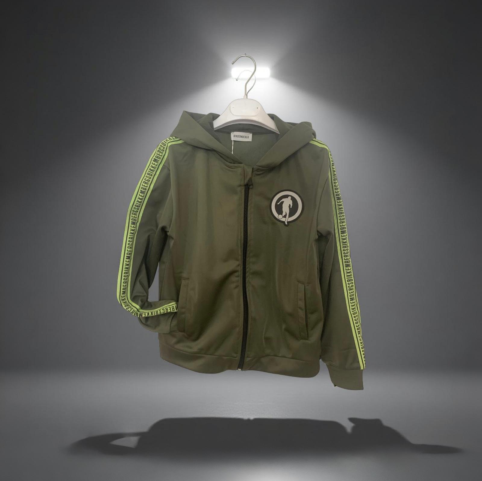 Felpa Bikkembergs ragazzo con cappuccio color oliva con strisce fluorescenti sulle maniche