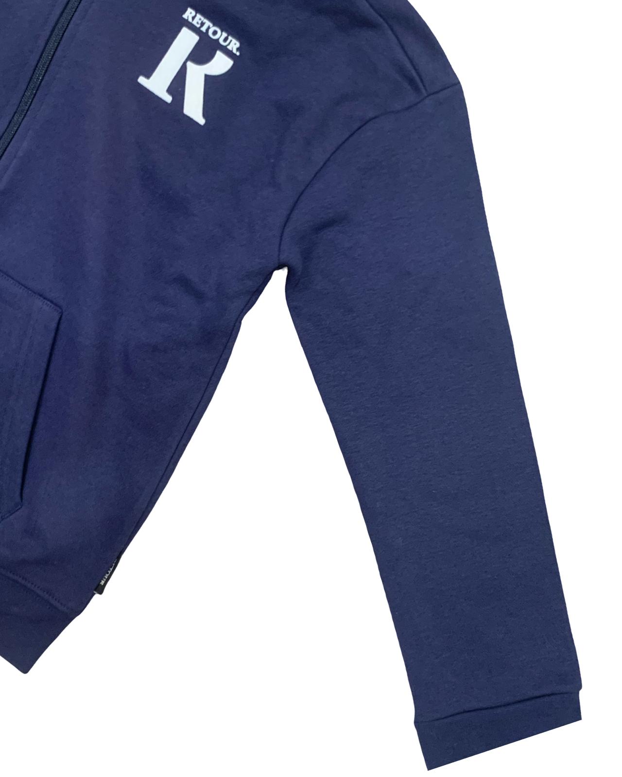 Felpa blu bambino con cappuccio Retour, con zip e tasche laterali per un look casual