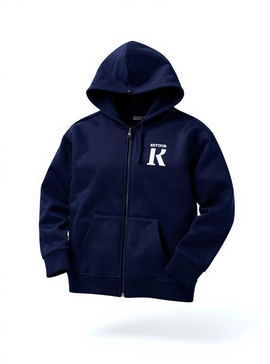 Felpa blu bambino con cappuccio Retour con zip e logo sul petto per comfort quotidiano