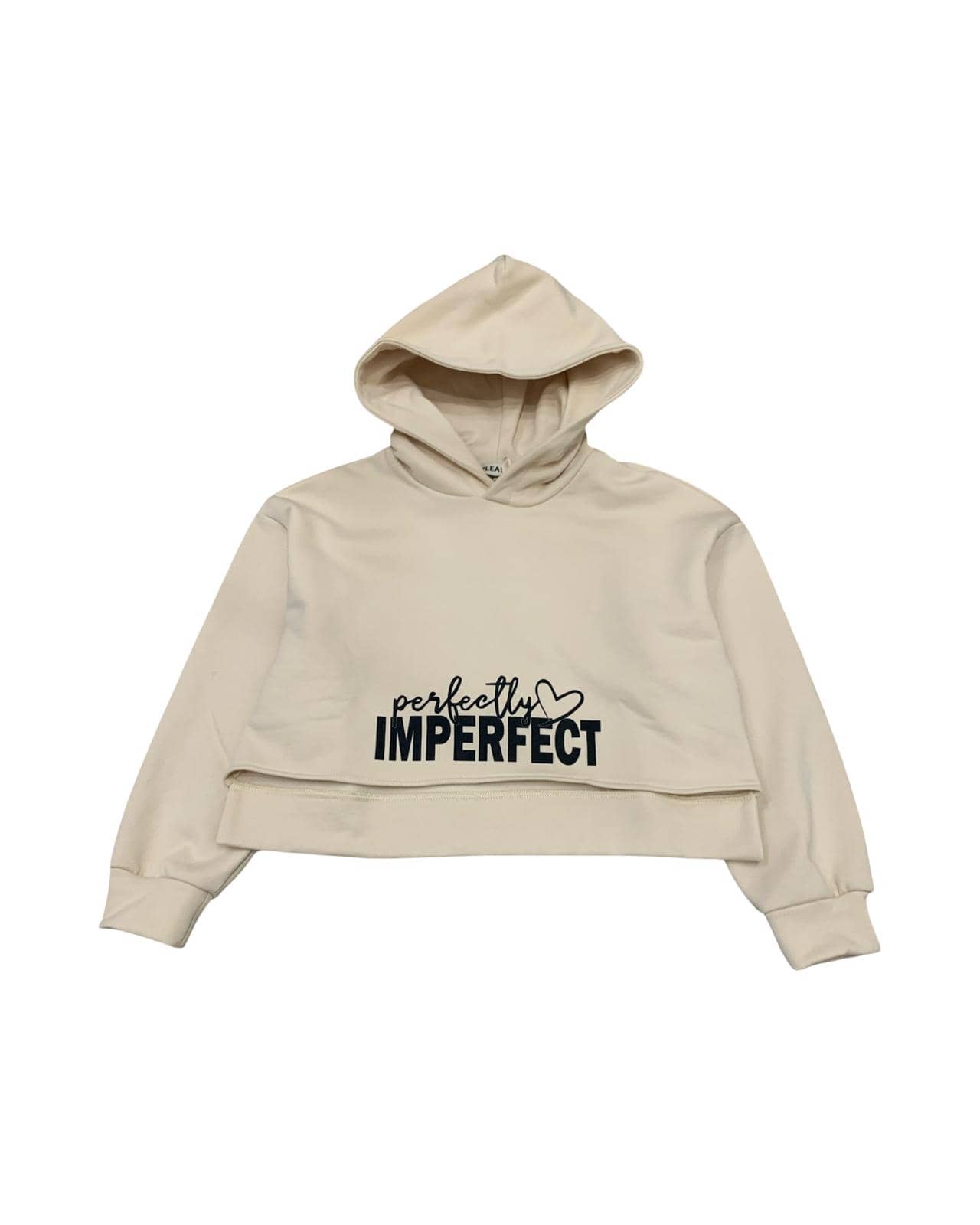 Felpa corta ragazza con cappuccio in colori chiari con scritta 'perfectly imperfect'