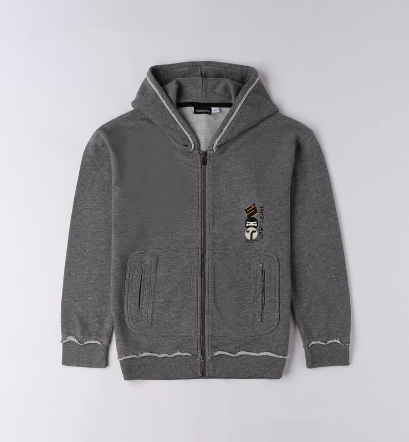 Felpa da ragazzo con cappuccio Sarabanda in grigio con zip e tasche frontali
