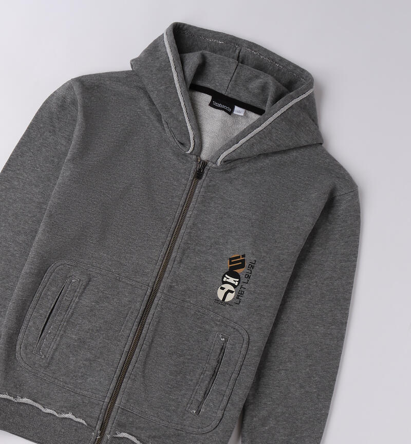 Felpa da ragazzo con cappuccio Sarabanda in grigio con zip e tasche frontali