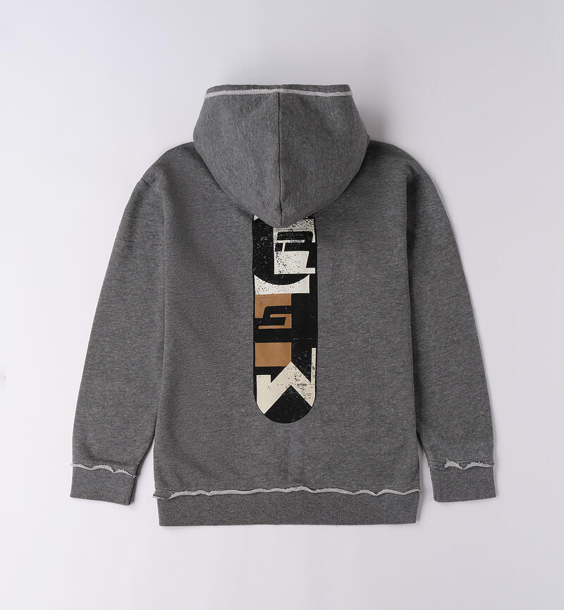 Felpa da ragazzo con cappuccio Sarabanda in grigio con design grafico sul retro